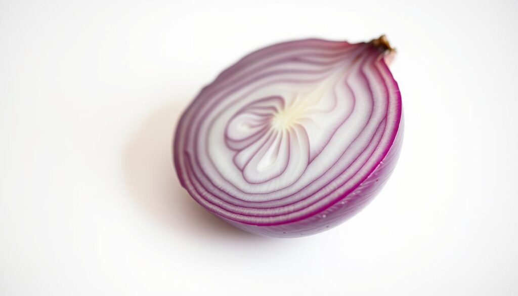A beautifully lit, close-up photograph of a sliced onion on a white background, showcasing its vibrant layers, delicate texture, and subtle shades of purple and white. The image captures the onion's intricate anatomy, highlighting its nutritional value with an emphasis on its rich content of vitamins, minerals, and antioxidants. The lighting creates a soft, diffused glow, accentuating the onion's natural beauty and drawing the viewer's attention to its health benefits. The composition is simple yet elegant, allowing the subject to take center stage and convey the message of the onion's nutritional worth concisely and effectively.