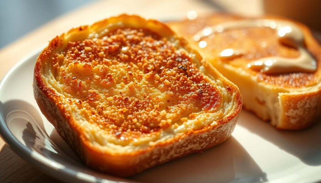 A beautifully lit close-up photograph of two golden-brown toast slices, crisp on the outside and soft on the inside, resting on a clean white plate. The toasts are drizzled with a rich, creamy spread, hinting at the potential caloric content. The frame is slightly tilted, capturing the toasts from a dynamic angle that emphasizes their fluffy, appetizing texture. The background is softly blurred, keeping the focus on the tantalizing toast in the foreground. The lighting is natural and warm, casting gentle shadows that accentuate the contours of the toasts, suggesting a sense of depth and dimension. The overall mood is one of temptation and indulgence, hinting at the question of whether these seemingly innocent toasts might actually be fattening.
