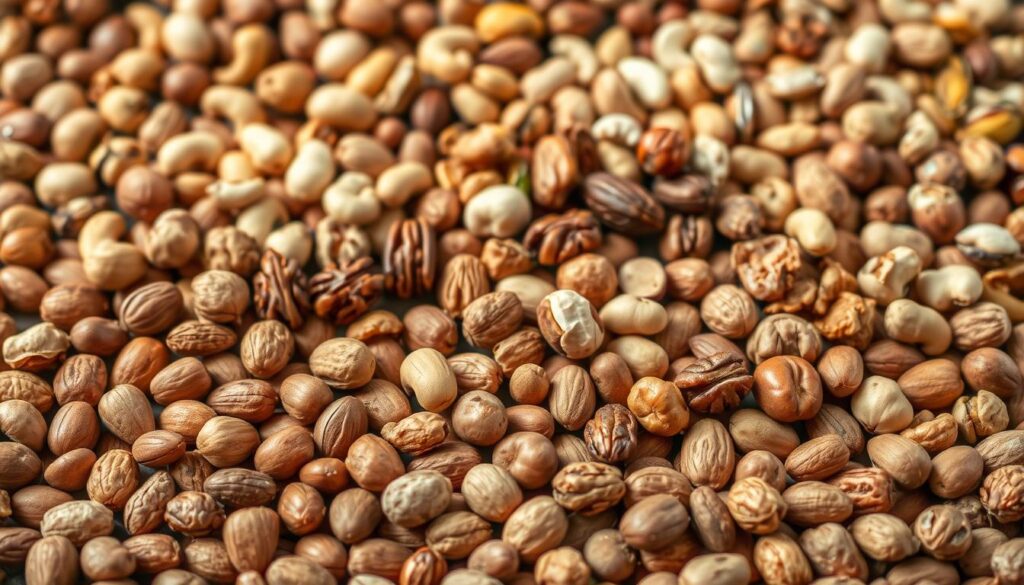 A bountiful display of diverse nuts, arranged with artful precision. In the foreground, almonds, walnuts, and hazelnuts lie scattered, their textures and colors contrasting in a visually captivating manner. The middle ground features a harmonious grouping of pecans, cashews, and Brazil nuts, each showcasing its unique shape and hue. In the background, a soft, diffused light illuminates a selection of peanuts, pistachios, and macadamia nuts, creating an inviting and appetizing atmosphere. The overall composition exudes a sense of natural abundance, inviting the viewer to explore the distinct nutritional profiles and culinary applications of this diverse array of nuts. A bountiful display of diverse nuts, arranged with artful precision. In the foreground, almonds, walnuts, and hazelnuts lie scattered, their textures and colors contrasting in a visually captivating manner. The middle ground features a harmonious grouping of pecans, cashews, and Brazil nuts, each showcasing its unique shape and hue. In the background, a soft, diffused light illuminates a selection of peanuts, pistachios, and macadamia nuts, creating an inviting and appetizing atmosphere. The overall composition exudes a sense of natural abundance, inviting the viewer to explore the distinct nutritional profiles and culinary applications of this diverse array of nuts.