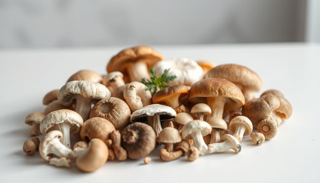 A bountiful display of various mushroom varieties, carefully arranged on a clean, white surface. The mushrooms are captured in natural lighting, showcasing their unique textures and earthy tones. A sense of simplicity and minimalism pervades the scene, allowing the low-calorie, nutrient-dense properties of the mushrooms to take center stage. The background is softly blurred, keeping the focus on the foreground subjects. The overall mood is one of calm, highlighting the versatility of these humble fungi as a healthy, low-calorie component of a balanced diet.