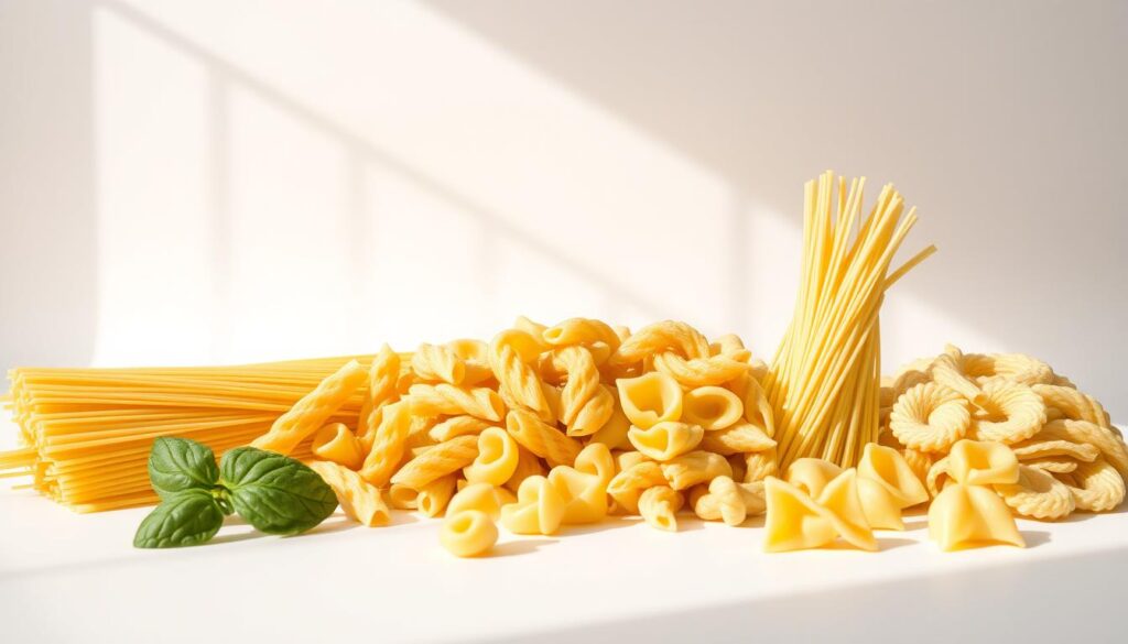 A bright, well-lit still life composition featuring an assortment of traditional Italian pasta varieties, including spaghetti, penne, fusilli, linguine, and farfalle. The pasta is arranged in a visually appealing manner, with the different shapes and colors creating a harmonious and appetizing display. The lighting is soft and natural, casting gentle shadows that add depth and dimension to the scene. The background is a simple, neutral tone that allows the pasta to take center stage. The overall mood is one of culinary elegance and healthful, balanced eating, reflecting the section title "Jakie rodzaje makaronu wybrać na diecie?". A bright, well-lit still life composition featuring an assortment of traditional Italian pasta varieties, including spaghetti, penne, fusilli, linguine, and farfalle. The pasta is arranged in a visually appealing manner, with the different shapes and colors creating a harmonious and appetizing display. The lighting is soft and natural, casting gentle shadows that add depth and dimension to the scene. The background is a simple, neutral tone that allows the pasta to take center stage. The overall mood is one of culinary elegance and healthful, balanced eating, reflecting the section title "Jakie rodzaje makaronu wybrać na diecie?".