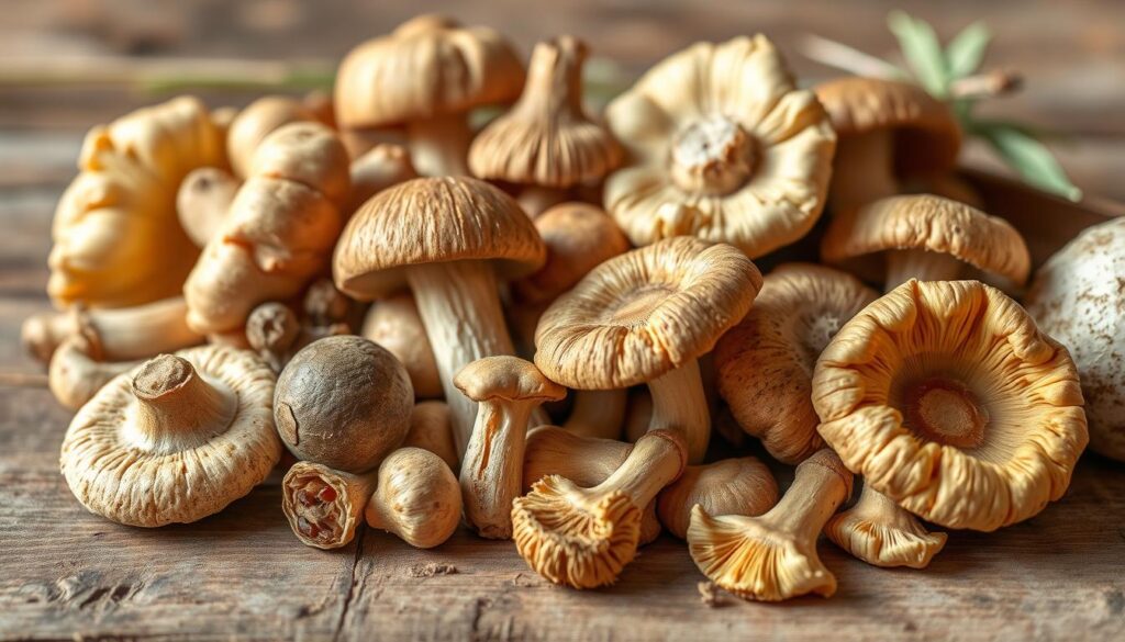 A close-up, detailed still life image of a variety of freshly harvested, earthy-toned mushrooms of different shapes and sizes, arranged on a rustic wooden surface. The mushrooms are bathed in warm, diffused natural lighting, highlighting their delicate textures and subtle hues. The composition showcases the nutritional and medicinal properties of these versatile fungi, conveying a sense of health, nourishment, and the bounty of nature. A close-up, detailed still life image of a variety of freshly harvested, earthy-toned mushrooms of different shapes and sizes, arranged on a rustic wooden surface. The mushrooms are bathed in warm, diffused natural lighting, highlighting their delicate textures and subtle hues. The composition showcases the nutritional and medicinal properties of these versatile fungi, conveying a sense of health, nourishment, and the bounty of nature.