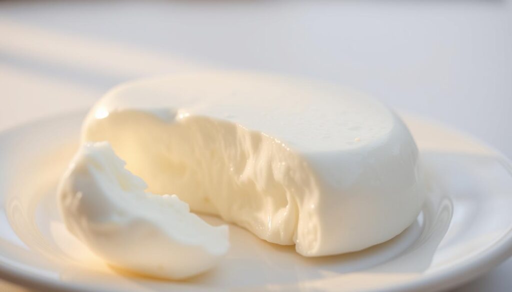 A close-up of a fresh piece of mozzarella cheese on a white ceramic plate, illuminated by soft, warm natural lighting. The smooth, glistening surface of the cheese fills the frame, with a slight slice or wedge visible to reveal the creamy, delicate interior. The background is clean and minimalist, allowing the mozzarella to be the sole focus. Captured with a shallow depth of field, creating a sense of depth and focus on the subject. The overall mood is simple, elegant, and appetizing, inviting the viewer to examine the detailed texture and luscious qualities of the mozzarella. A close-up of a fresh piece of mozzarella cheese on a white ceramic plate, illuminated by soft, warm natural lighting. The smooth, glistening surface of the cheese fills the frame, with a slight slice or wedge visible to reveal the creamy, delicate interior. The background is clean and minimalist, allowing the mozzarella to be the sole focus. Captured with a shallow depth of field, creating a sense of depth and focus on the subject. The overall mood is simple, elegant, and appetizing, inviting the viewer to examine the detailed texture and luscious qualities of the mozzarella.