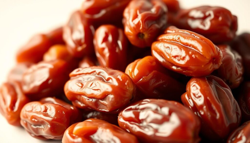 A close-up of a pile of fresh, plump dates, their caramel-colored flesh glistening under warm, diffused lighting. The dates are arranged in a visually appealing manner, allowing their natural beauty and texture to shine. The background is softly blurred, creating a minimalist, studio-like setting that puts the focal point on the dates themselves. The lighting is gentle, creating subtle shadows and highlights that accentuate the dates' organic shapes and rich, honey-like hues. The overall composition is balanced and aesthetically pleasing, effectively capturing the essence of the "Kalorie w daktylach" section of the article.