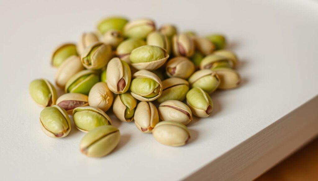 A close-up shot of a handful of fresh, green pistachio nuts resting on a light-colored surface, with a soft, warm lighting illuminating the scene. The nuts appear plump and inviting, their shells slightly open to reveal the bright green interiors. The image has a clean, uncluttered composition, with the pistachios occupying the central focus, surrounded by a minimal, neutral background that allows the natural beauty of the nuts to shine. The overall mood is one of simplicity, healthiness, and balance, conveying the idea of a guilt-free, nutritious snack that can be enjoyed as part of a balanced diet.