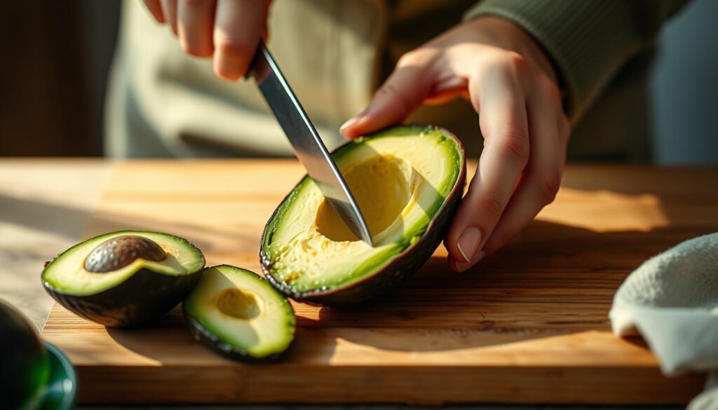 A close-up shot of a person's hands carefully slicing open a ripe avocado, revealing its vibrant green flesh and soft, buttery texture. The avocado is positioned on a wooden cutting board, with a sharp kitchen knife poised to make the next careful incision. Soft, natural lighting casts a warm glow on the scene, creating a serene, almost meditative atmosphere. The focus is on the precise, delicate movements of the hands as they work to prepare the avocado, showcasing the skill and care required to enjoy this nutritious and versatile fruit.