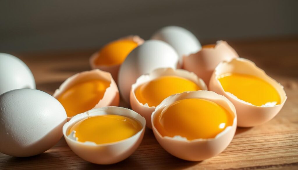 A close-up shot of several fresh, organic chicken eggs sitting on a wooden table. The eggs are arranged in a visually appealing manner, with some cracked open to reveal the rich, golden yolks. The lighting is soft and natural, casting a warm glow on the scene. The background is blurred, putting the focus entirely on the eggs as the primary source of protein. The overall composition and styling convey the idea of eggs as a premium, nutritious ingredient that can be incorporated into a balanced, healthy diet. A close-up shot of several fresh, organic chicken eggs sitting on a wooden table. The eggs are arranged in a visually appealing manner, with some cracked open to reveal the rich, golden yolks. The lighting is soft and natural, casting a warm glow on the scene. The background is blurred, putting the focus entirely on the eggs as the primary source of protein. The overall composition and styling convey the idea of eggs as a premium, nutritious ingredient that can be incorporated into a balanced, healthy diet.