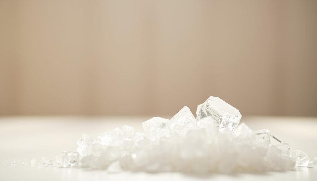 A close-up view of a selection of erythritol crystals, illuminated by soft, natural lighting from above. The crystals are arranged neatly in the foreground, with a blurred, out-of-focus background that suggests a clean, minimalist setting. The crystals display a sparkling, translucent quality, capturing the essence of their sweetness and purity. The overall composition conveys a sense of simplicity, clarity, and the potential health benefits of erythritol as a sugar substitute.
