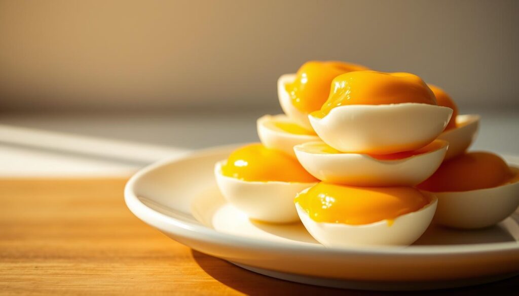A close-up view of a stack of soft-boiled eggs on a plain white plate, illuminated by warm, natural lighting from the side. The yolks are a vibrant, golden hue, glistening with a slight runny texture. The eggshells have been carefully removed, revealing the delicate, silky whites. In the background, there is a subtle gradient of soft, out-of-focus colors, perhaps hinting at a simple, minimalist setting. The overall composition conveys a sense of simplicity, purity, and the inherent goodness of this humble, nutritious ingredient. A close-up view of a stack of soft-boiled eggs on a plain white plate, illuminated by warm, natural lighting from the side. The yolks are a vibrant, golden hue, glistening with a slight runny texture. The eggshells have been carefully removed, revealing the delicate, silky whites. In the background, there is a subtle gradient of soft, out-of-focus colors, perhaps hinting at a simple, minimalist setting. The overall composition conveys a sense of simplicity, purity, and the inherent goodness of this humble, nutritious ingredient.