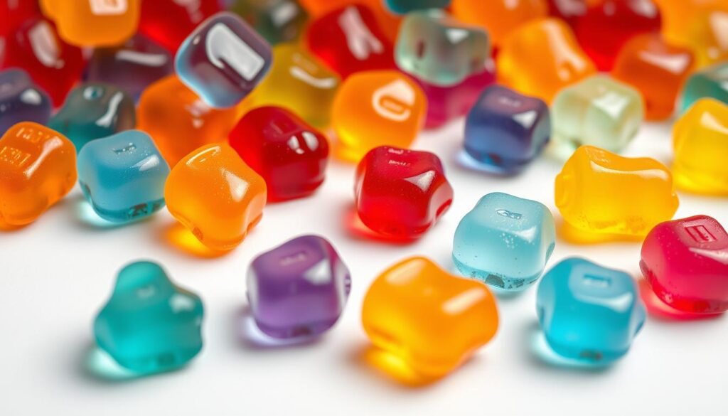 A close-up view of an assortment of colorful gummy bears or jelly candies, arranged neatly on a plain white background. The jellies should appear plump, translucent, and glistening, highlighting their texture and vibrant hues. Capture the candies from a slightly angled perspective, creating depth and emphasizing their three-dimensional form. Utilize soft, diffused lighting to create gentle shadows and highlights, accentuating the jellies' natural allure. The overall composition should convey a sense of simplicity and focus, drawing the viewer's attention to the nuanced details and inherent qualities of the gummy confections. A close-up view of an assortment of colorful gummy bears or jelly candies, arranged neatly on a plain white background. The jellies should appear plump, translucent, and glistening, highlighting their texture and vibrant hues. Capture the candies from a slightly angled perspective, creating depth and emphasizing their three-dimensional form. Utilize soft, diffused lighting to create gentle shadows and highlights, accentuating the jellies' natural allure. The overall composition should convey a sense of simplicity and focus, drawing the viewer's attention to the nuanced details and inherent qualities of the gummy confections.