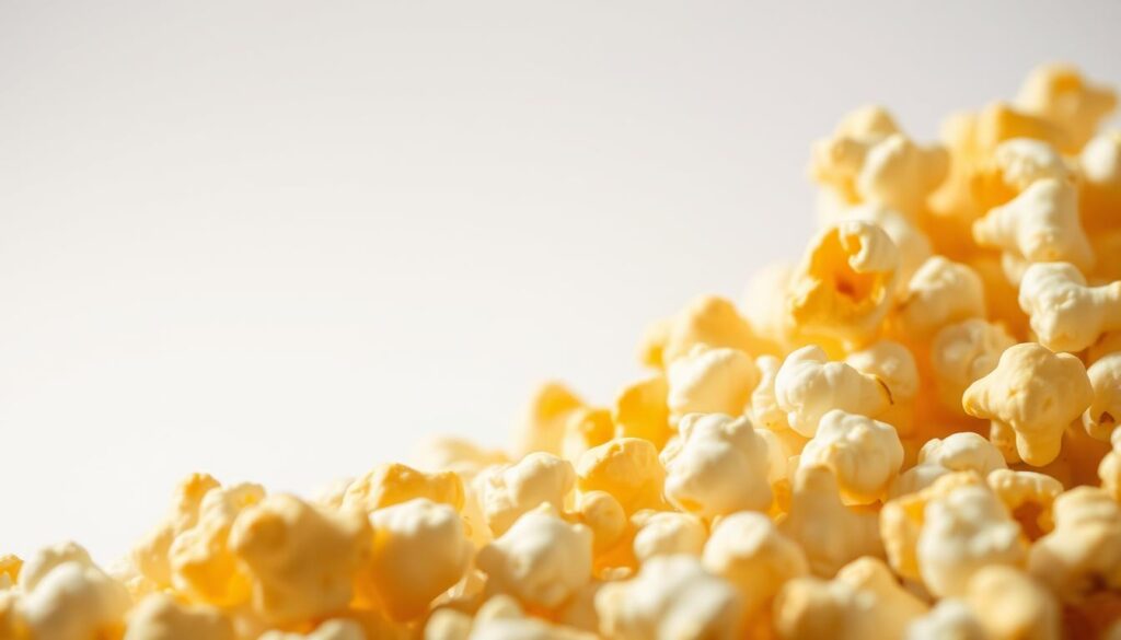 A close-up view of freshly popped popcorn kernels, their golden-brown hues glistening under soft, warm lighting. The kernels are arranged in the foreground, their puffy, irregular shapes creating a visually engaging texture. In the middle ground, a simple white or light-colored background provides a clean, minimalist canvas to highlight the main subject. The lighting is soft and diffused, casting gentle shadows that add depth and dimension to the scene. The overall mood is one of simplicity, focus, and an almost tactile sense of the popcorn's texture and aroma. The image conveys the essence of the question "Is popcorn caloric?", allowing the viewer to ponder the nature of this iconic snack food.