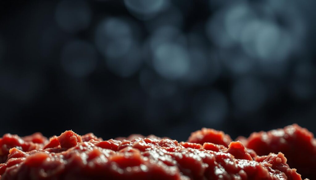 A close-up view of raw ground beef with ominous dark shadows looming in the background, shot with dramatic lighting and a shallow depth of field to draw the viewer's attention to the potential food safety risks. The foreground features the textured, reddish-pink meat, slightly glistening, while the hazy background suggests an ominous, foreboding atmosphere, hinting at the hidden dangers associated with consuming undercooked or contaminated raw meat. The overall mood is one of caution and unease, prompting the viewer to consider the potential hazards of this particular culinary choice.
