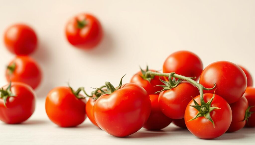 A closeup shot of plump, juicy tomatoes in various shades of red, set against a clean, minimalist background. The tomatoes are arranged in a visually appealing manner, highlighting their natural beauty and suggesting their role as a healthy, low-calorie component of a balanced diet. The lighting is soft and natural, creating a warm, inviting atmosphere that emphasizes the tomatoes' vibrant colors and textures. The overall composition conveys a sense of simplicity, wellness, and the idea that tomatoes can be an integral part of a weight-loss journey.