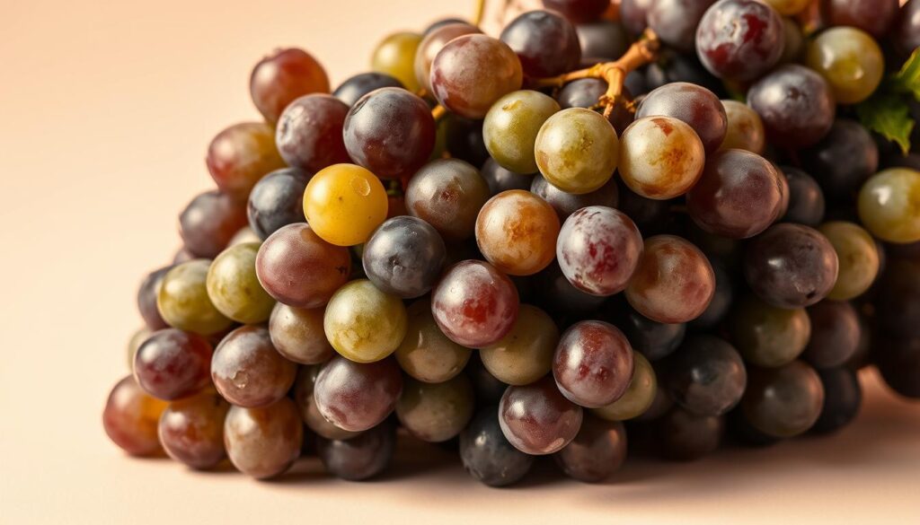 A cluster of lush, plump grapes in varying hues of deep purple and green, gently illuminated by warm, golden-hued lighting that casts a soft, inviting glow. The grapes are depicted on a clean, neutral background, allowing the viewer to focus solely on their rich, vibrant colors and supple, yielding texture. The composition is balanced, with the grapes occupying the central focal point, creating a sense of abundance and temptation. The lighting accentuates the grapes' natural allure, hinting at their potential to satisfy or indulge. This image captures the essence of the section title, "Czy winogrona tuczą?", inviting the viewer to ponder the impact of these delectable fruits on one's dietary goals.