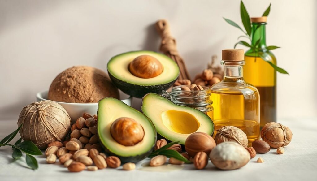 A delectable arrangement of healthy fats, including avocado, nuts, and olive oil, artfully displayed against a soft, neutral background. The lighting is natural and diffused, creating a warm, inviting atmosphere. The composition is balanced, with the various elements thoughtfully positioned to draw the viewer's eye and convey the nutritional value and versatility of these wholesome ingredients. The overall mood is one of simplicity, wellness, and a celebration of the beauty inherent in nature's wholesome bounty.