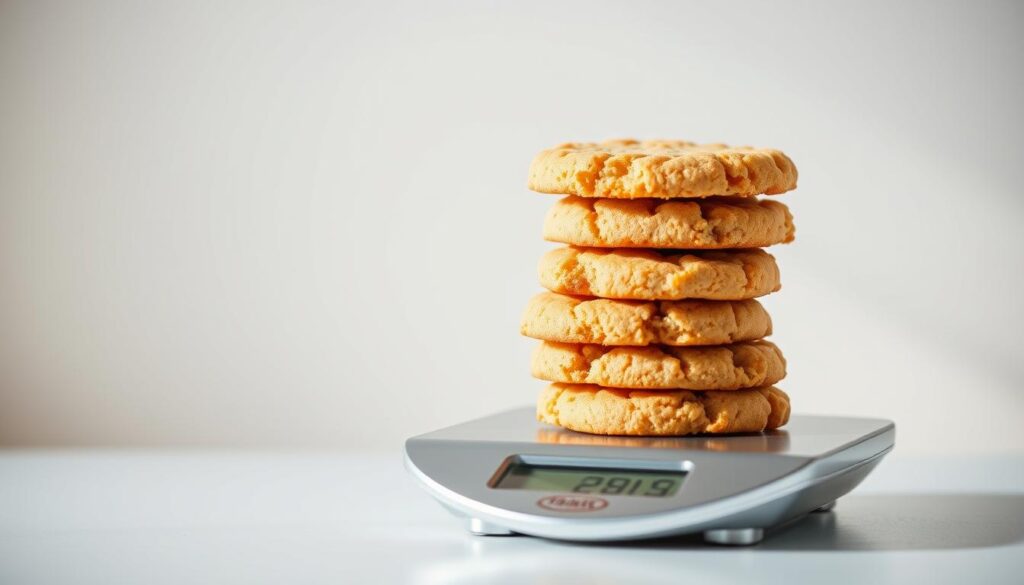 A delectable stack of golden-brown, freshly-baked shortbread cookies against a crisp white background, illuminated by soft, natural lighting that casts gentle shadows. The cookies' crumbly texture and buttery aroma are palpable, inviting a closer inspection of their caloric content. In the foreground, a sleek, modern food scale weighs the cookies, emphasizing the need to mindfully consider their impact on a weight-loss regimen. The background fades to a soft, blurred gradient, drawing the viewer's focus to the central, tempting confections and the careful consideration of their dietary role.