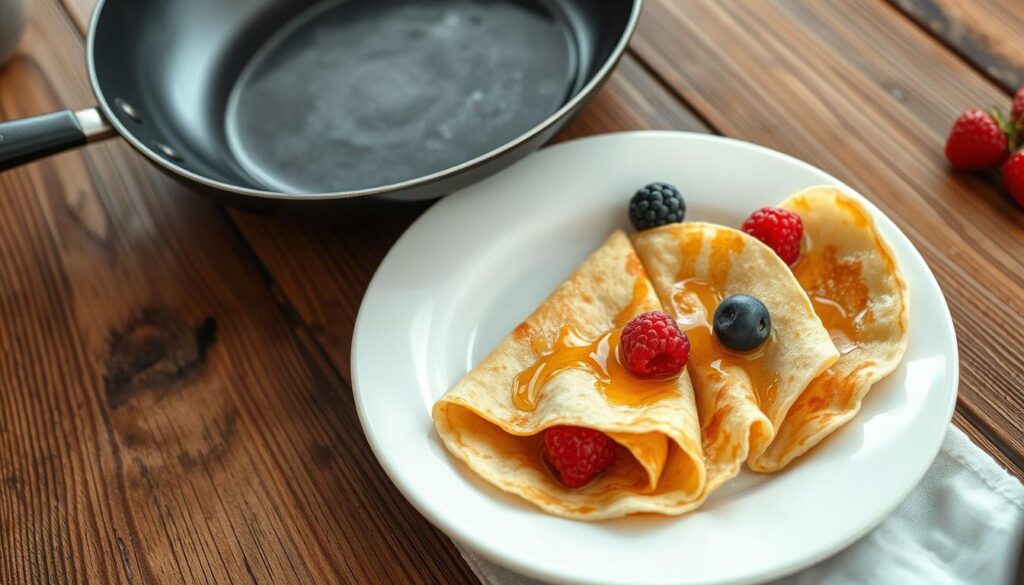 A delicate and appetizing crepe pan, gently simmering on a rustic wooden table. Delicate naleśniki, a traditional Polish pancake, are artfully arranged, their golden-brown hues contrasting with the crisp white plate. A light, airy batter, infused with a hint of vanilla, cradling a delicate filling of fresh berries and a drizzle of honey. The scene is bathed in soft, natural lighting, capturing the simplicity and elegance of this healthful, yet indulgent dish. The table is sparsely decorated, allowing the naleśniki to be the true star, a testament to the notion that a balanced diet can indeed include such delectable treats.