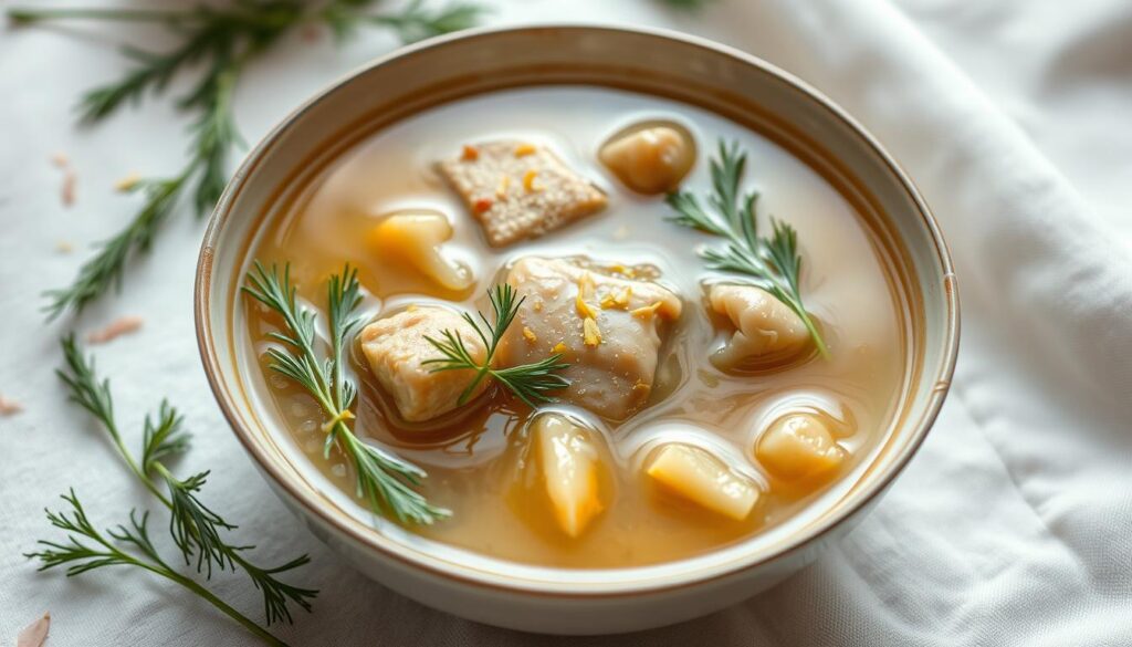 A delicate, steaming bowl of traditional Polish tripe soup (flaki) takes center stage, surrounded by a light, airy composition. The rich, savory broth glistens, contrasting with the tender, slow-cooked tripe. Aromatic herbs, such as dill and parsley, add a touch of freshness, while a sprinkle of lemon zest brings a tangy, brightening note. The background softly fades, allowing the dish to be the focal point, conveying the idea that this classic, nourishing meal can indeed be part of a healthy, balanced diet. Soft, natural lighting casts a warm, comforting glow, inviting the viewer to savor the satisfying, yet surprisingly light, texture and flavor of the flaki.