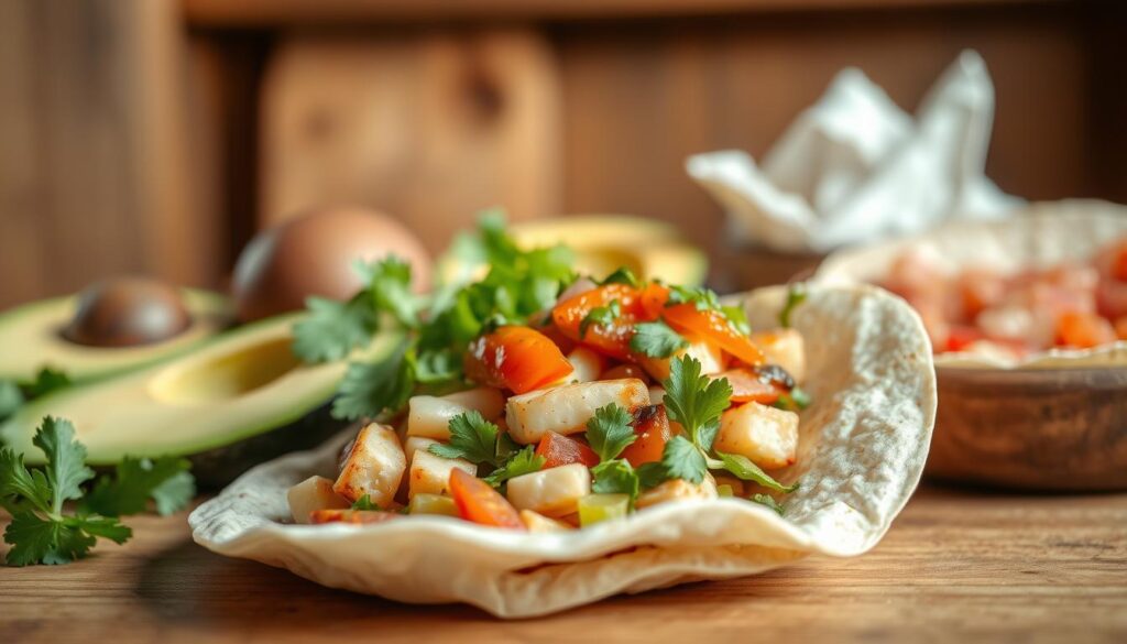 A delightful display of light and flavorful tortilla-based dishes, captured in a warm, inviting atmosphere. In the foreground, a crisp tortilla shell filled with vibrant vegetables, lean protein, and a drizzle of tangy sauce. In the middle ground, a vibrant array of complementary ingredients - sliced avocado, fresh cilantro, and a squeeze of lime. The background showcases a simple, rustic setting, with wooden surfaces and natural lighting casting a soft, golden glow. The overall composition evokes a sense of balance, health, and culinary delight, perfectly capturing the essence of "light tortilla-based dishes" that can be enjoyed as part of a balanced diet.