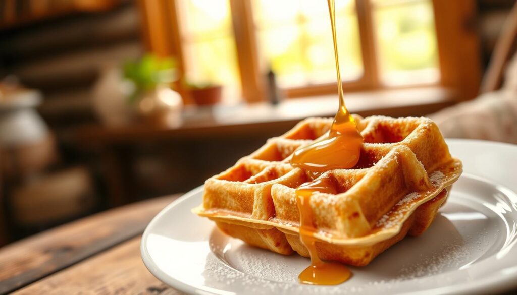 A delightful, fluffy waffle served on a white ceramic plate, lightly dusted with powdered sugar and drizzled with a glistening golden honey. The waffle is positioned in the foreground, with a blurred background of a rustic wooden table and a window letting in warm, natural sunlight. The lighting is soft and even, creating a cozy, inviting atmosphere. The scene conveys a sense of moderation and balance, suggesting that indulging in this treat can be part of a healthy, balanced diet. A delightful, fluffy waffle served on a white ceramic plate, lightly dusted with powdered sugar and drizzled with a glistening golden honey. The waffle is positioned in the foreground, with a blurred background of a rustic wooden table and a window letting in warm, natural sunlight. The lighting is soft and even, creating a cozy, inviting atmosphere. The scene conveys a sense of moderation and balance, suggesting that indulging in this treat can be part of a healthy, balanced diet.