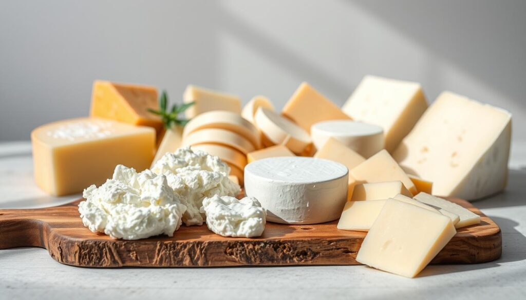 A delightful still life arrangement featuring an assortment of low-calorie cheeses. In the foreground, a selection of soft, fresh cheeses like ricotta and cottage cheese are artfully displayed on a rustic wooden board. In the middle ground, various sliced hard cheeses such as mozzarella, feta, and cheddar are arranged, their textures and subtle hues contrasting beautifully. The background depicts a simple, minimalist setting, with natural lighting gently illuminating the scene, creating a warm, inviting atmosphere. The overall composition emphasizes the delicate, nutritious nature of these low-calorie dairy delights, perfectly suited for a health-conscious diet.