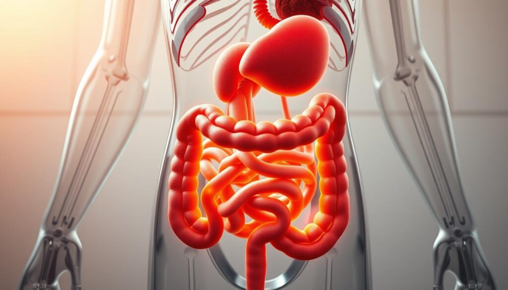 A detailed, anatomical cross-section of the human digestive system, showcasing the impact of erythritol consumption. The foreground features the stomach, small intestine, and colon, with highlighted areas to denote the specific effects of erythritol on the body's processes. The middle ground depicts the circulatory system and key organs, such as the liver and pancreas, interacting with the digestive tract. The background softly fades into a neutral, minimalist medical environment, allowing the viewer to focus on the central elements. The scene is illuminated by a warm, natural light, creating a sense of scientific exploration and discovery. The overall composition conveys a sense of educational insight into the physiological influence of erythritol on the human organism.