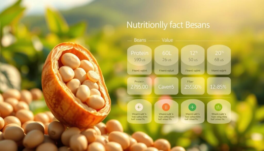 A detailed digital illustration depicting the nutritional value of beans. In the foreground, a close-up view of a single bean, its cross-section revealing its intricate internal structure and composition. In the middle ground, a visually organized infographic-style layout highlighting the key nutritional facts, such as protein, fiber, and vitamin content. The background features a soft, blurred landscape of lush, vibrant green foliage, evoking a sense of natural, wholesome goodness. The overall scene is illuminated by warm, natural lighting, giving the image a bright, inviting, and appetizing feel. A detailed digital illustration depicting the nutritional value of beans. In the foreground, a close-up view of a single bean, its cross-section revealing its intricate internal structure and composition. In the middle ground, a visually organized infographic-style layout highlighting the key nutritional facts, such as protein, fiber, and vitamin content. The background features a soft, blurred landscape of lush, vibrant green foliage, evoking a sense of natural, wholesome goodness. The overall scene is illuminated by warm, natural lighting, giving the image a bright, inviting, and appetizing feel.