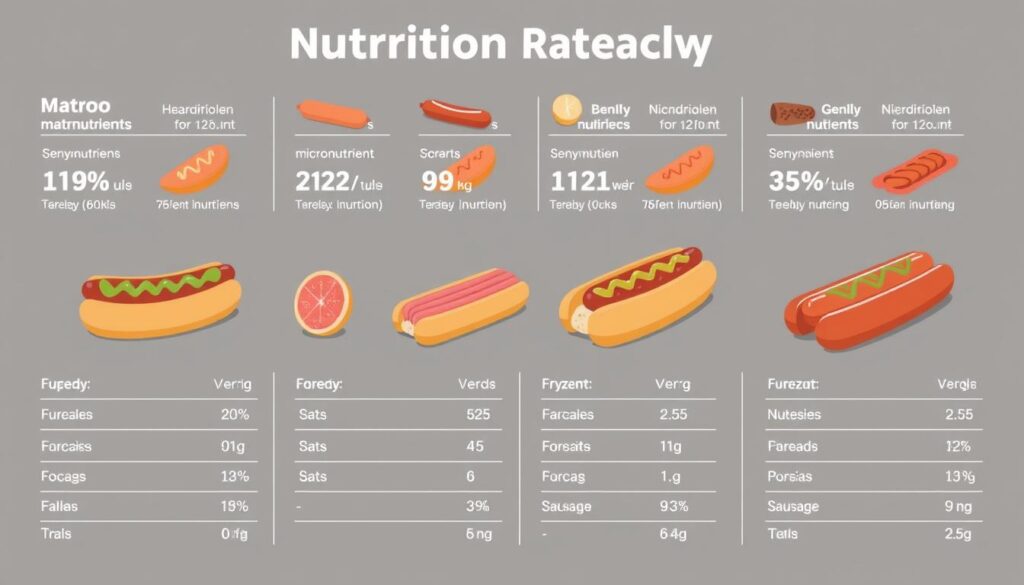 A detailed nutritional breakdown of several types of hot dogs or sausages, presented as a clean and informative infographic-style illustration. The image shows the key macronutrients, micronutrients, and other relevant nutritional data for a variety of popular processed meat products, allowing the viewer to easily compare and contrast their nutritional profiles. The information is displayed in a modern, minimalist style with clear typography and simple icons or graphics to communicate the data. The overall mood is objective and educational, focusing on providing useful nutritional information rather than making any subjective judgments.