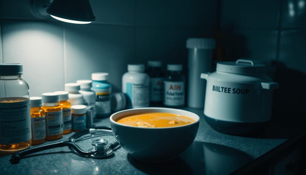 A dimly lit kitchen counter with various medical prescription bottles, a stethoscope, and a bowl of warm chicken soup. The scene has a somber, cautionary tone, emphasizing the potential health risks and contraindications associated with consuming the traditional Polish broth. Soft shadows and muted colors create an atmosphere of thoughtful contemplation. The lighting is low-key, with a single directional source casting dramatic shadows. The composition places the essential elements in a balanced arrangement, drawing the viewer's attention to the potential downsides of enjoying this beloved comfort food.