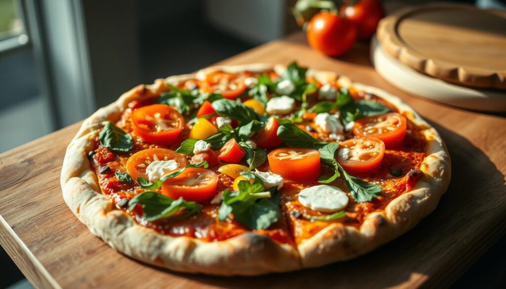 A freshly baked, thin-crust pizza with a delicate golden-brown edge, topped with a vibrant assortment of colorful vegetables, including sliced tomatoes, bell peppers, and leafy greens. The crust is made from whole-wheat flour, lending a nutty, hearty flavor. The pizza is drizzled with a light, tangy tomato sauce and sprinkled with a modest amount of low-fat mozzarella cheese, creating a balanced and satisfying meal. The scene is illuminated by soft, natural lighting, giving the image a warm, inviting atmosphere. The camera angle showcases the pizza in a three-quarter view, allowing the viewer to appreciate the delicious and nutritious details of this diet-friendly option.