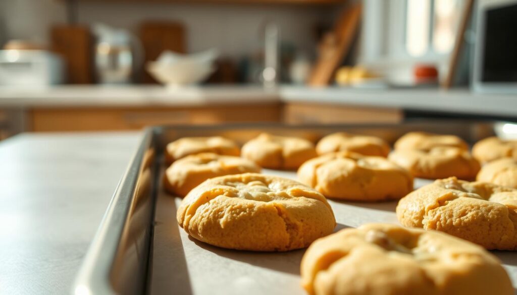 A freshly baked tray of golden-brown cookies, their buttery aroma wafting through a sunlit kitchen. Meticulously framed, the cookies are showcased against a soft, blurred background, allowing the viewer to focus on their delicate texture and inviting appearance. Optimal lighting from the side creates subtle shadows, highlighting the crisp edges and the tender, crumbly centers. The scene conveys a sense of balance, showcasing the cookies in an appetizing yet analytical manner, inviting the viewer to consider their health implications. The overall mood is one of contemplation, guiding the observer to thoughtfully examine the composition and ponder the underlying question: are these seemingly indulgent treats truly healthy?