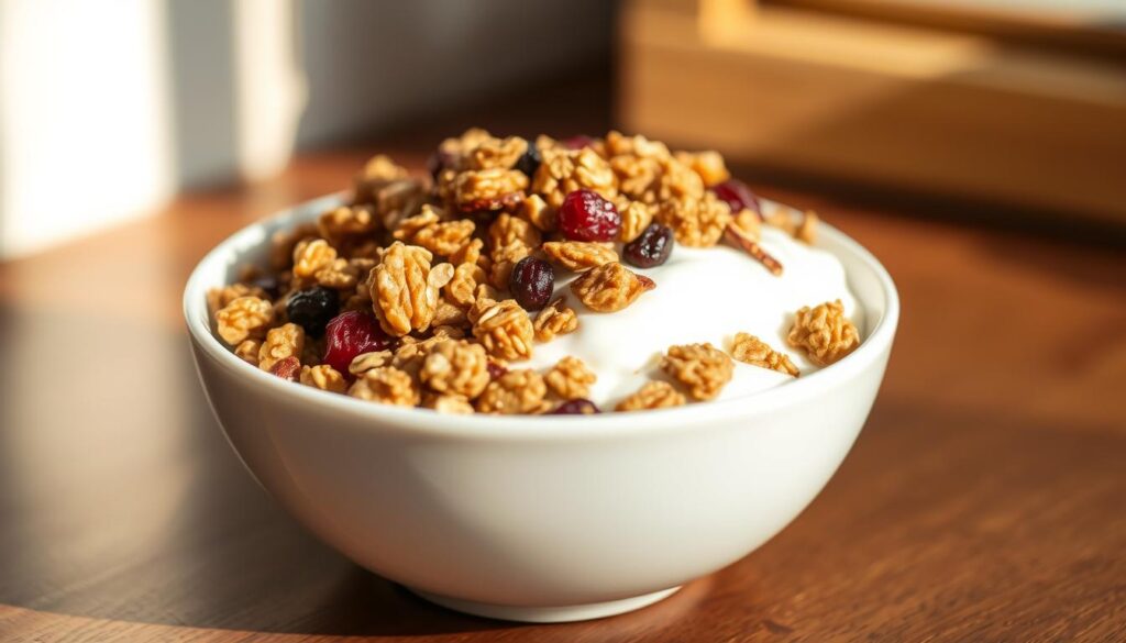 A healthy bowl of granola in a warm, comforting light. Clusters of toasted oats, nuts, and dried fruit sit atop a plain yogurt base, creating a balanced and satisfying meal. The image has a soft, natural focus, with the granola taking center stage against a subtly blurred background. Warm lighting from the side casts gentle shadows, highlighting the texture and depth of the granola. The overall tone is one of simplicity, nutrition, and mindfulness - conveying the idea that granola can be a wholesome and potentially weight-friendly choice, when consumed in moderation as part of a balanced diet.