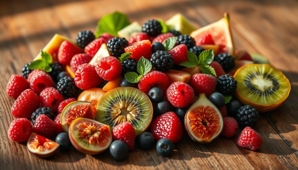 A healthy, organic fruit salad arranged on a rustic wooden table, with a focus on fiber-rich, high-quality ingredients such as raspberries, blackberries, figs, and kiwi. Soft, natural lighting illuminates the scene, casting warm shadows and highlighting the vibrant colors of the fresh produce. The composition is balanced, with the fruit positioned intentionally to create a visually appealing and appetizing display. The overall mood is one of nourishment, wellness, and the importance of dietary fiber in a well-rounded, fruit-based diet.