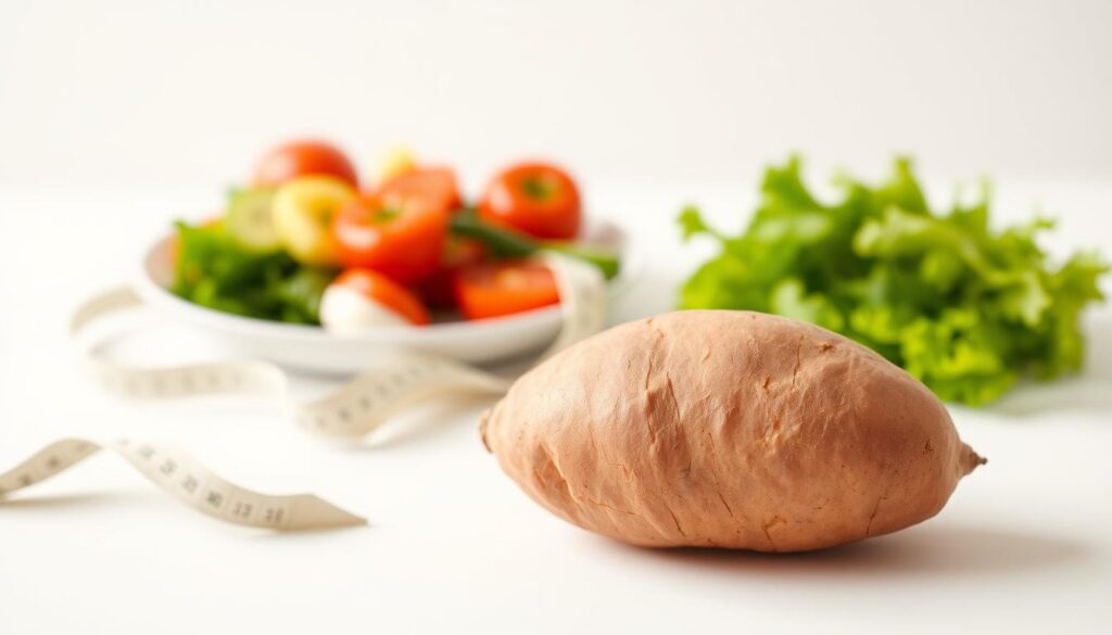 A healthy, vibrant sweet potato placed prominently on a white background, illuminated by soft, natural lighting. In the middle ground, a measuring tape and a plate of fresh vegetables symbolize the potato's role in a balanced, calorie-conscious diet. The background fades to a soft, neutral tone, creating a sense of simplicity and focus on the central subject. The overall mood is one of wellness, moderation, and the possibility of enjoying nutritious foods while on a diet.