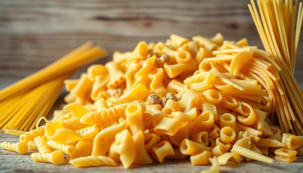 A high-quality still-life photography of an assortment of various types of pasta in the foreground, including spaghetti, penne, fusilli, farfalle, and linguine. The pasta is arranged in a visually appealing manner, with different shapes, colors, and textures creating an aesthetically pleasing composition. The middle ground features a wooden table or surface, providing a natural and rustic backdrop to the pasta. The lighting is soft and diffused, creating a warm and inviting atmosphere. The image is captured from a slightly elevated angle, allowing the viewer to appreciate the details and variety of the pasta types. The overall mood is one of simplicity, elegance, and a celebration of the versatility of this staple food. A high-quality still-life photography of an assortment of various types of pasta in the foreground, including spaghetti, penne, fusilli, farfalle, and linguine. The pasta is arranged in a visually appealing manner, with different shapes, colors, and textures creating an aesthetically pleasing composition. The middle ground features a wooden table or surface, providing a natural and rustic backdrop to the pasta. The lighting is soft and diffused, creating a warm and inviting atmosphere. The image is captured from a slightly elevated angle, allowing the viewer to appreciate the details and variety of the pasta types. The overall mood is one of simplicity, elegance, and a celebration of the versatility of this staple food.