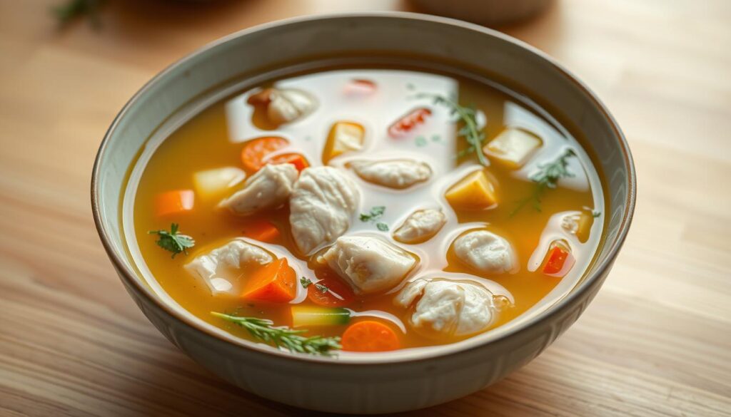 A large bowl filled with a clear, golden broth, peppered with tender pieces of chicken, vibrant vegetables, and a hint of fragrant herbs. The liquid glistens under the soft, diffused lighting, creating a soothing, comforting atmosphere. The bowl is placed on a wooden table, surrounded by a minimalist, Scandinavian-inspired setting, emphasizing the wholesome and nourishing nature of the dish. The overall scene evokes a sense of simplicity, health, and balance, perfectly capturing the essence of "rosół odchudzający" as a nutritious and delightful soup for weight-conscious diners.