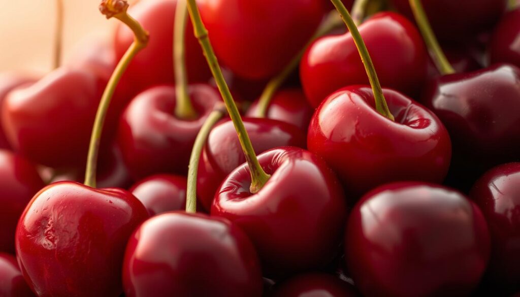 A lush, close-up view of a cluster of freshly picked cherries, their deep red hues glistening under warm, diffused lighting. The cherries are arranged against a soft, blurred background, allowing the viewer to focus on the vibrant, juicy details of the fruit. The composition highlights the cherries' natural beauty, inviting the viewer to appreciate their inherent health benefits and culinary versatility. The overall tone is one of natural, wholesome elegance, reflecting the cherries' role as a nutritious, guilt-free indulgence.