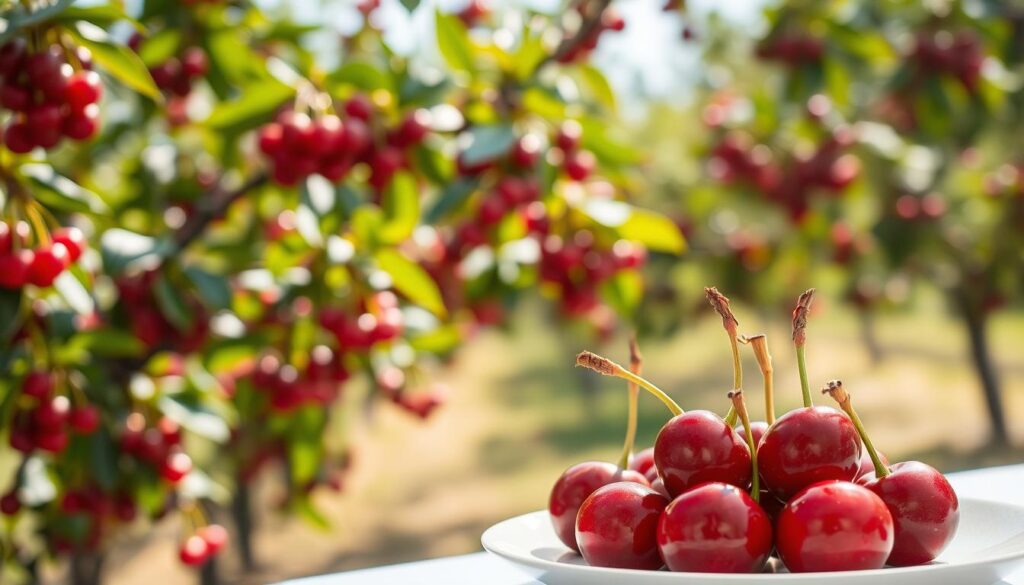 A lush, sun-dappled cherry orchard, the ripe fruit glistening on the branches. In the foreground, a plate of freshly picked cherries, their deep red hues contrasting against the white tabletop. Soft, diffused lighting bathes the scene, creating a warm, inviting atmosphere. The cherries are the focal point, their juicy, plump appearance tempting the viewer. The background is blurred, drawing the eye to the delectable fruit, suggesting that these cherries are the center of attention, the star of the show. This image captures the essence of the question "Can you eat cherries on a diet?" - a tantalizing, guilt-free indulgence that supports weight loss goals.