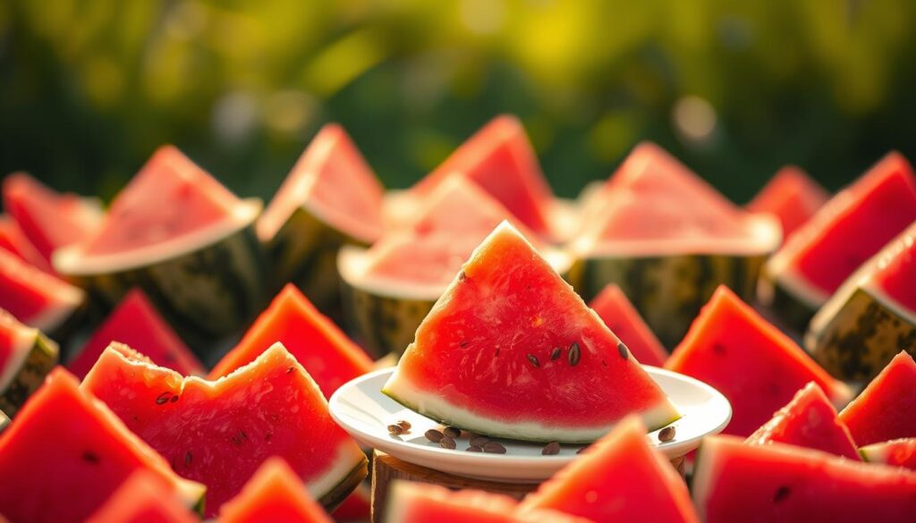 A lush, sun-drenched field of vibrant watermelon slices, arranged in a visually appealing display. The juicy, crimson flesh glistens under the warm, golden light, inviting the viewer to imagine its refreshing, low-calorie goodness. In the foreground, a single slice sits atop a minimalist white plate, its seeds artfully scattered around it. The middle ground showcases several more slices, their distinct triangular shapes creating a harmonious geometric composition. The background blends soft, hazy greenery, hinting at the healthy, hydrating properties of this summertime fruit. The overall scene conveys a sense of balance, purity, and the potential for watermelon to be a guilt-free, nutritious choice within a weight-conscious diet.