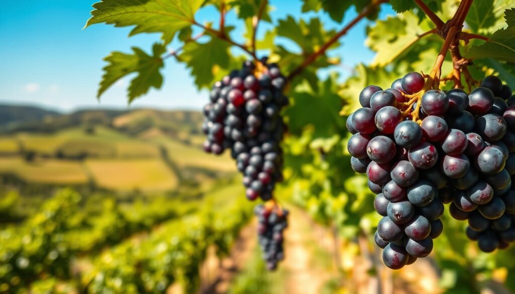 A lush, verdant vineyard set against a backdrop of rolling hills and a clear blue sky. In the foreground, a cluster of plump, juicy grapes hang from the vines, their deep purple hue glistening in the warm sunlight. The grapes are the focal point, drawing the viewer's attention to their potential impact on weight loss. The lighting is soft and natural, creating a serene and inviting atmosphere. The camera angle is slightly elevated, giving a bird's-eye view of the scene and emphasizing the abundance and beauty of the grapes. The overall composition conveys a sense of harmony, balance, and the potential benefits of incorporating these healthy fruits into a weight-loss regimen.