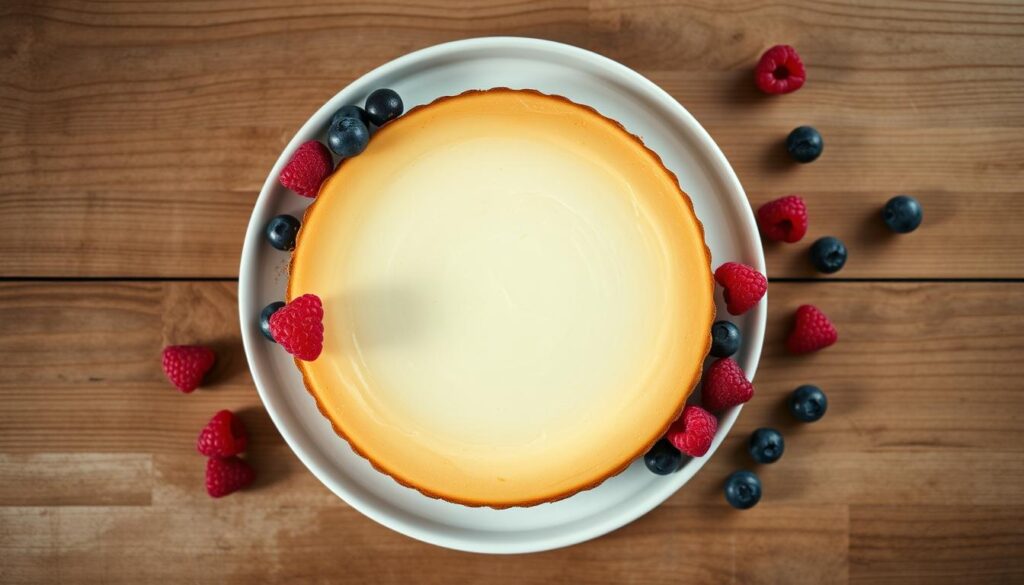 A minimalist, top-down view of a rustic, homemade cheesecake on a wooden table. The cake has a smooth, creamy texture with a light golden-brown crust. Fresh berries, such as raspberries and blueberries, are scattered around the plate, adding pops of color. Soft, diffused lighting illuminates the scene, creating a warm, inviting atmosphere. The image conveys a sense of healthfulness and simplicity, highlighting the "dietetyczny sernik" or "diet-friendly cheesecake" as the focal point.