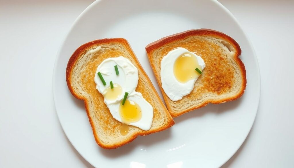 A minimalist, top-down view of two crisp, golden-brown toast slices on a white plate. The toasts are lightly dressed with a small dollop of reduced-fat cream cheese, a sprinkle of fresh chives, and a drizzle of honey for a touch of sweetness. The background is a clean, uncluttered space, with soft, even lighting that accentuates the textures and colors of the healthy, diet-friendly breakfast. The composition is balanced and visually appealing, capturing the essence of a nutritious yet satisfying "tosty na diecie redukcyjnej" (toast on a weight-loss diet).