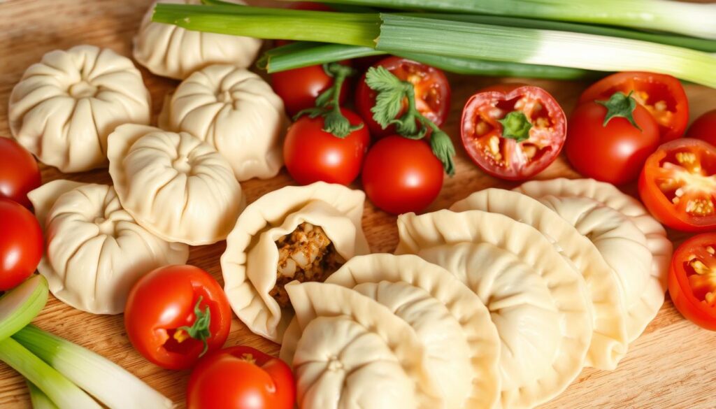 A nutritious, artfully-presented arrangement of boiled pierogi, neatly arranged on a wooden surface. The pierogi are filled with a savory mixture, their delicate dough glistening with a light sheen. Plump, vibrant sliced vegetables - tomatoes, bell peppers, and scallions - frame the pierogi, complementing their rich hues. Soft, diffused natural lighting illuminates the scene, casting a warm, inviting glow. The overall composition emphasizes the pierogi's wholesome, satisfying qualities, showcasing their inherent nutritional value within a balanced, aesthetically-pleasing presentation.