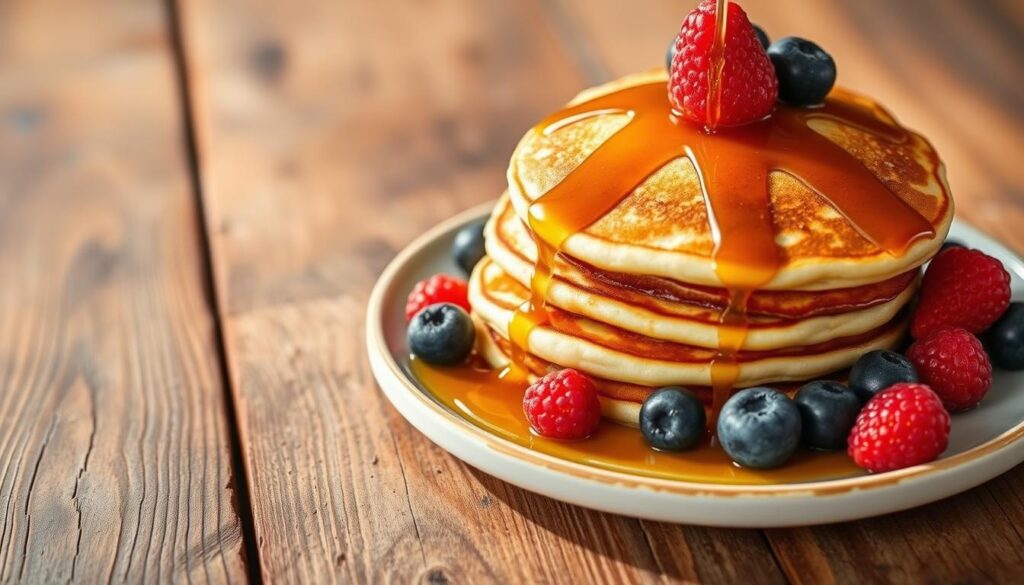 A nutritious stack of fluffy pancakes, drizzled with a glistening maple syrup and sprinkled with fresh berries, nestled on a rustic wooden table. The lighting is soft and diffused, casting warm shadows that accentuate the texture of the pancakes and the vibrant colors of the fruit. The composition is balanced, with the pancakes taking center stage, surrounded by a minimalist, natural background that allows the delicious details to shine. This image conveys the health benefits and appetizing qualities of this classic breakfast dish, perfectly suited to illustrate the "Nutritional Values and Health Benefits of Pancakes" section of the article.