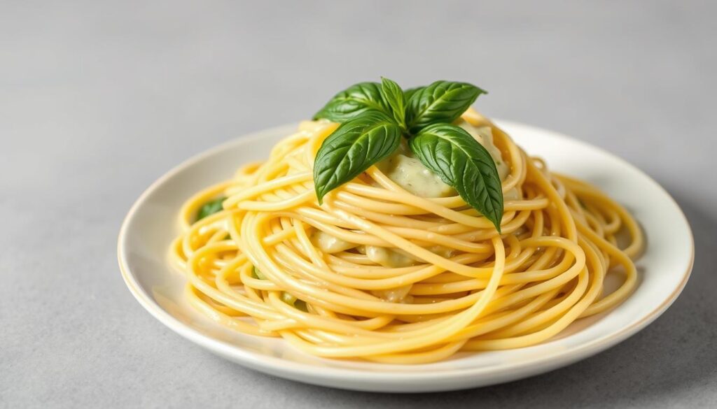 A plate of perfectly cooked spaghetti noodles, glistening with a light, creamy sauce and garnished with fresh basil leaves. The pasta is al dente, with a slightly firm texture, and the sauce is a vibrant, light green hue, suggesting the use of healthy, low-calorie ingredients. The plate is set against a minimalist, muted background, with soft, even lighting that emphasizes the delicate details of the dish. The overall composition conveys a sense of balance, simplicity, and healthfulness, suggesting that this "spaghetti on a diet" can be a satisfying and nourishing meal option. A plate of perfectly cooked spaghetti noodles, glistening with a light, creamy sauce and garnished with fresh basil leaves. The pasta is al dente, with a slightly firm texture, and the sauce is a vibrant, light green hue, suggesting the use of healthy, low-calorie ingredients. The plate is set against a minimalist, muted background, with soft, even lighting that emphasizes the delicate details of the dish. The overall composition conveys a sense of balance, simplicity, and healthfulness, suggesting that this "spaghetti on a diet" can be a satisfying and nourishing meal option.