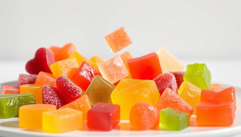 A platter of vibrant, gummy snacks in a variety of natural, health-conscious shapes and flavors. In the foreground, an assortment of fruit-based, gelatin-free candies in playful geometrics and organic hues. Suspended in the middle ground, a selection of plant-based alternatives made with agar, pectin, and other wholesome ingredients. In the background, a clean, minimalist setting with soft, diffused lighting that highlights the translucent, glossy textures of the healthy candy replacements. The overall mood is clean, appetizing, and inviting, showcasing a nutritious yet delightful spin on traditional gummy treats. A platter of vibrant, gummy snacks in a variety of natural, health-conscious shapes and flavors. In the foreground, an assortment of fruit-based, gelatin-free candies in playful geometrics and organic hues. Suspended in the middle ground, a selection of plant-based alternatives made with agar, pectin, and other wholesome ingredients. In the background, a clean, minimalist setting with soft, diffused lighting that highlights the translucent, glossy textures of the healthy candy replacements. The overall mood is clean, appetizing, and inviting, showcasing a nutritious yet delightful spin on traditional gummy treats.