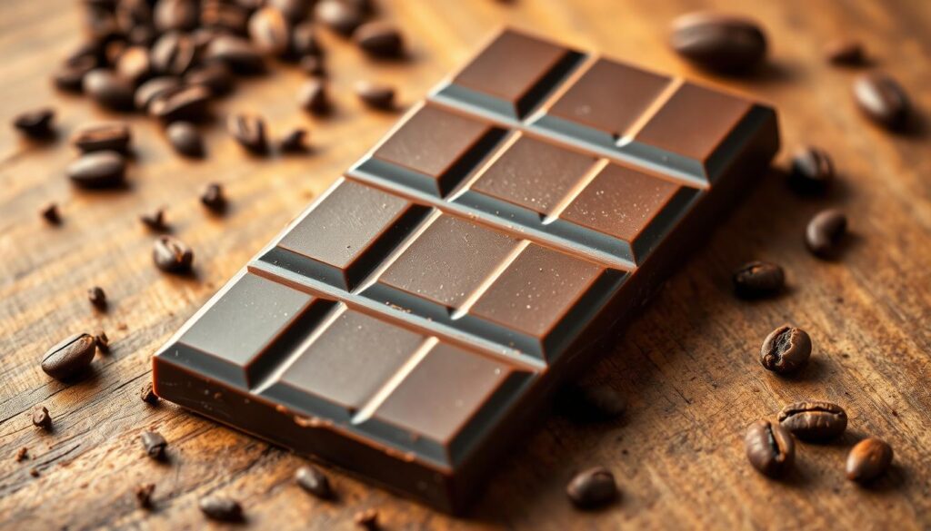 A rich, dark brown bar of artisanal bittersweet chocolate, its surface glistening softly under warm, natural lighting. The chocolate is displayed on a rustic wooden surface, surrounded by delicate cocoa nibs and a few scattered cocoa beans, creating a sophisticated yet earthy composition. The image conveys the depth of flavor and health benefits of this high-quality, minimally processed chocolate, inviting the viewer to savor its intense, complex notes.