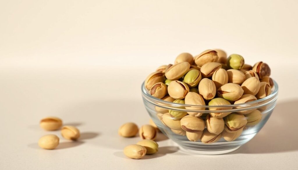 A serene still life featuring a glass bowl of fresh, green pistachios set against a neutral background. Warm, soft lighting casts gentle shadows, highlighting the nuts' intricate textures and inviting colors. The composition emphasizes the simplicity and natural appeal of this healthy snack, conveying a sense of balance and mindfulness in the context of weight management. The overall mood is one of tranquility and nutritional wellness, reflecting the article's exploration of pistachios as a guilt-free dietary indulgence.