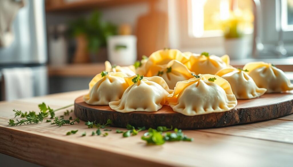 A simple, yet visually appealing image of freshly made, low-calorie pierogi, captured in a bright, airy kitchen setting. The pierogi are arranged on a rustic wooden board, their delicate dough casings glistening with a light coating of olive oil. Chopped fresh herbs, such as dill and parsley, are scattered around the pierogi, adding a vibrant pop of color and a hint of flavor. The background is softly blurred, emphasizing the focus on the pierogi. Warm, natural lighting streams in from a nearby window, casting a gentle glow on the scene. The overall mood is one of wholesome, healthy indulgence, perfectly suited to illustrate the article's section on creating low-calorie pierogi.