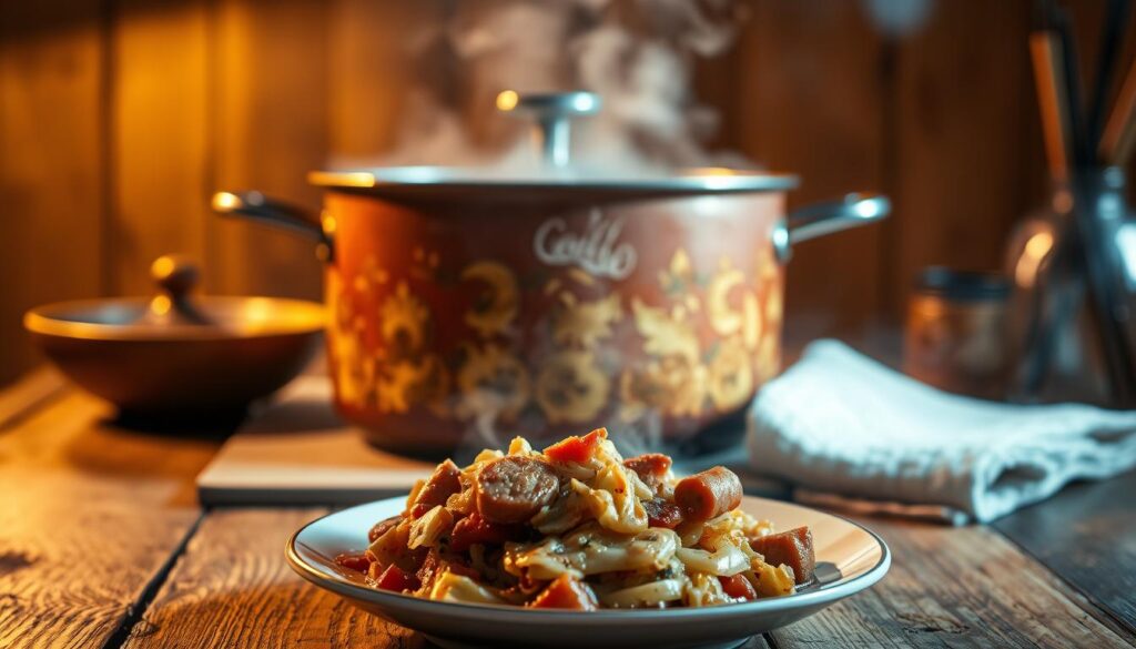 A steaming pot of homemade bigos, the rich stew of sauerkraut, smoked sausage, and savory spices, sits center frame on a rustic wooden table. The dim, warm lighting casts a cozy glow, hinting at the hearty, comforting flavors within. In the foreground, a single serving of bigos is delicately arranged, its layers of textures and colors inviting the viewer to consider whether this deeply satisfying dish could truly contribute to weight gain. The background fades softly, drawing the eye to the star of the scene - the bountiful bigos, a centerpiece of traditional Polish cuisine.